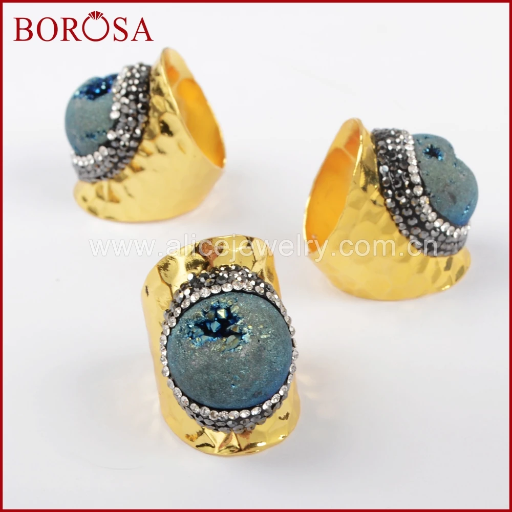 Модное кольцо BOROSA золотого цвета с голубой друзой высококачественные модные