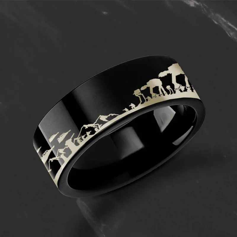 Black color Выгравированное мужское кольцо из нержавеющей стали, персонализированное, Звездные войны, битва хотов, АТТ, свадебные бренды, плоский край, 8 мм - Цвет основного камня: Black color