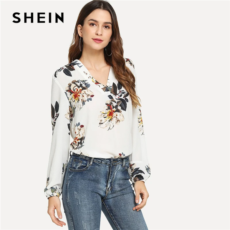 SHEIN Блузка С Цветочным Принтом И V-Образным Вырезом Женский Весенний Белый Повседневный Топ С Длинными Рукавами