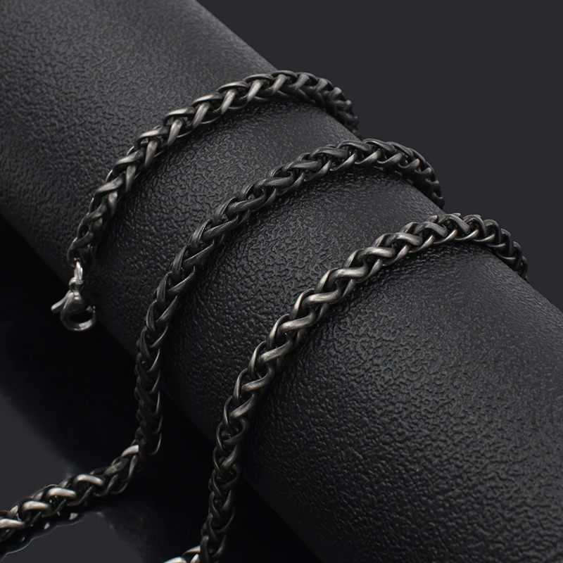

Party 4mm Vintage Black Stainless Steel Necklace Chain Wheat Link Chain Men Gift Jewelry Length 24inch new arrival N360