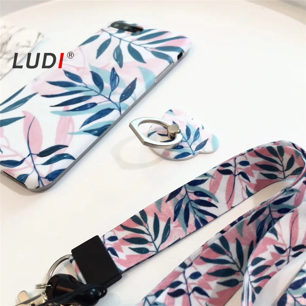 Чехол LUDI с корейскими листиками кольцом-держателем и ремнем для iPhone X 8 7 7plus6 6S Plus
