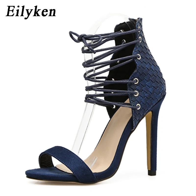 555-8 Blue Eilyken пикантные классические женские босоножки Стиль черные сандалии с ремешками босоножки на высоком каблуке гладиаторы, на шпильке женская обувь, синий, черный - Цвет: 555-8 Blue