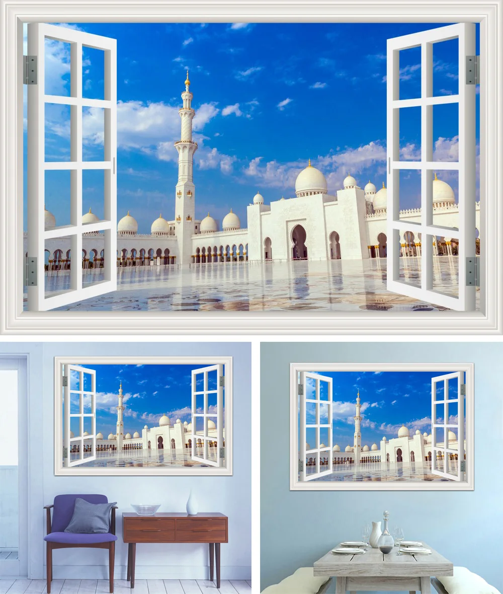 3d обои настенные наклейки с росписью Masjid Ислам Мусульманские настенные наклейки строительство вид окна домашний Декор виниловые наклейки для стен