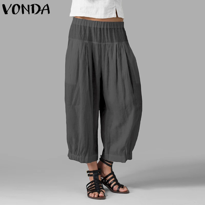 VONDA, женские повседневные Широкие штаны,, Осенние, весенние, винтажные, высокая талия, одноцветные, шаровары размера плюс, свободные штаны, 5XL - Цвет: Dark Grey