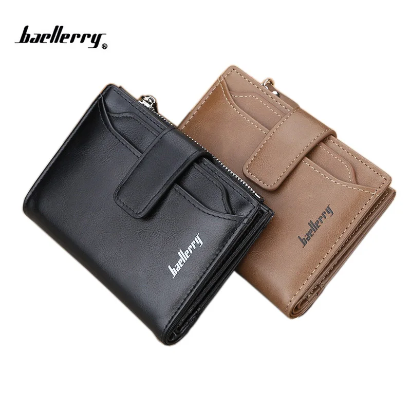 

Baellerry Men wallet with coin pocket vintage three fold short leather card purse hasp zipper money bag card holder designer