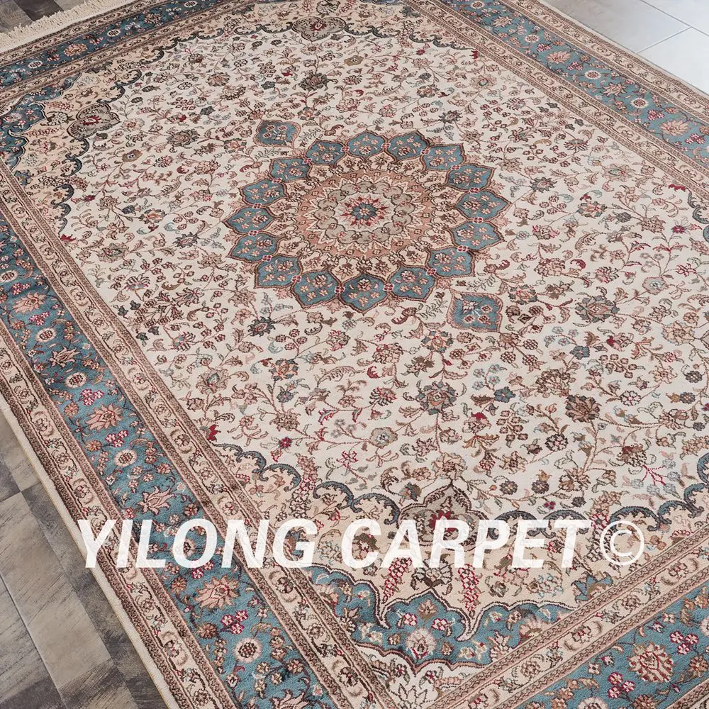 YILONG 6 'x 9' Восточный персидский шелковый ковер бежевый и синий Элегантный