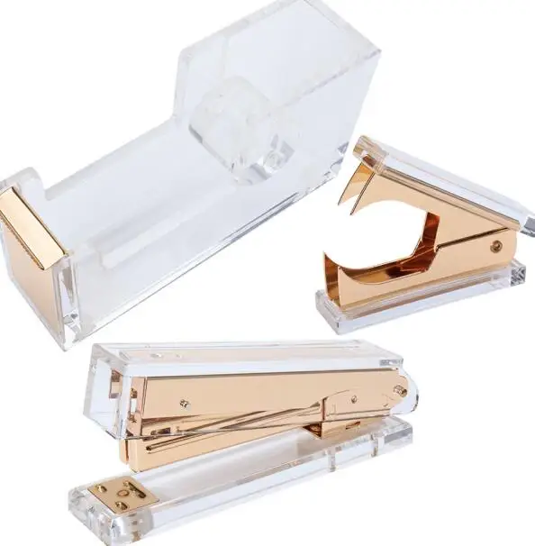 yellow gold3pcs set Набор акрилового золотого степлера: 1) степлер 1) инструмент для удаления степлера 1) диспенсер для ленты-Настольная серия канцелярских принадлежностей - Цвет: yellow gold3pcs set