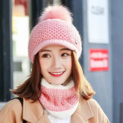 pink scarf hat SUOGRY женские зимние теплые толстые бархатные лыжный вязаная шапка и шарф 2 шт. для обувь девочек Круглая Шапочка Шапка Кепка Женский - Цвет: pink scarf hat