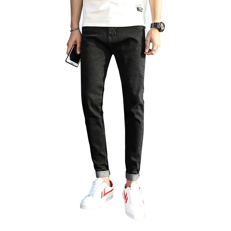 2018 Новые мужские джинсы молодежи личности тренд сплошной цвет button slim fit