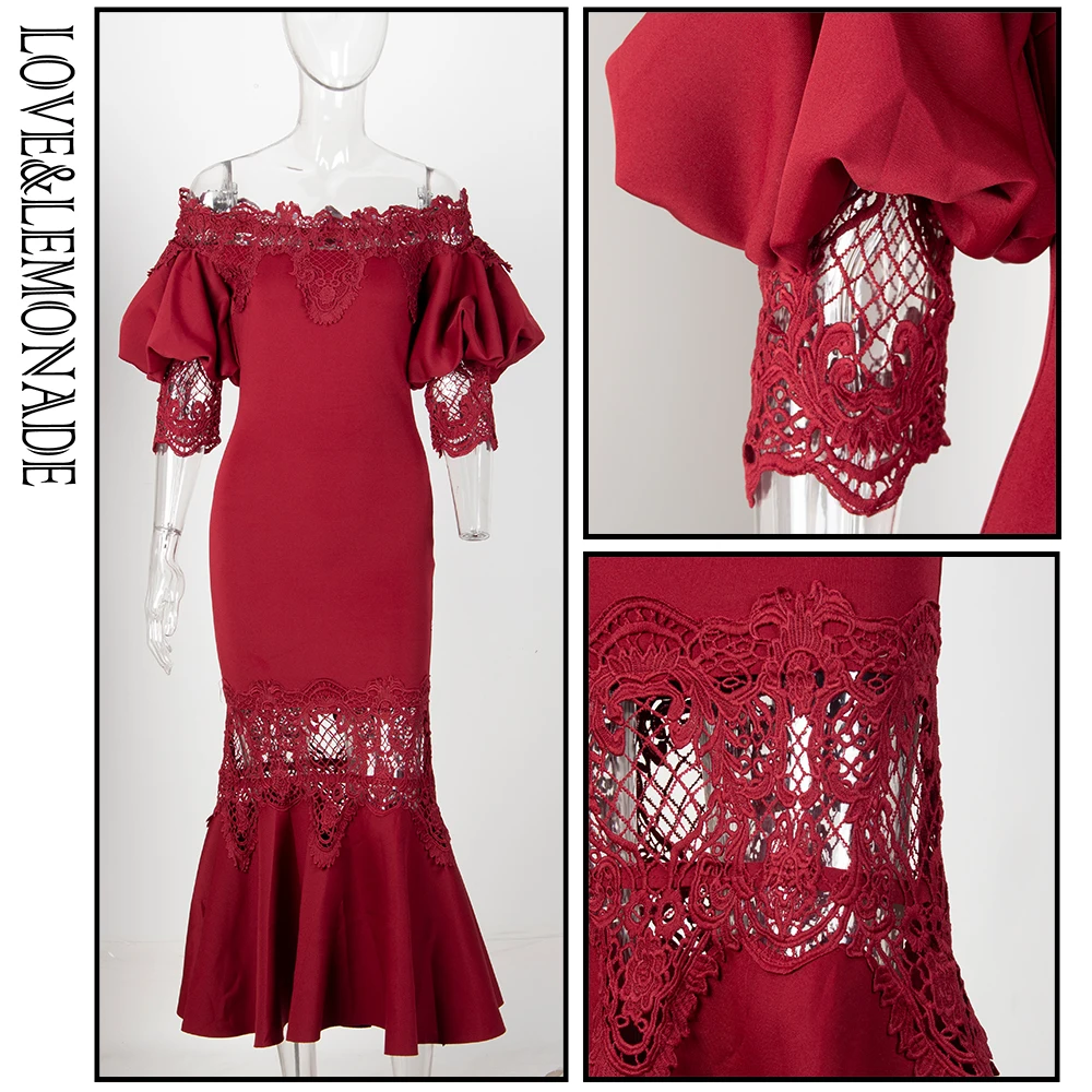

LOVE & LEMONADE Sexy Deep Red Drop Shoulder Lace Panel Lantern Sleeve Fishtail Style Party Dress LM81241-A