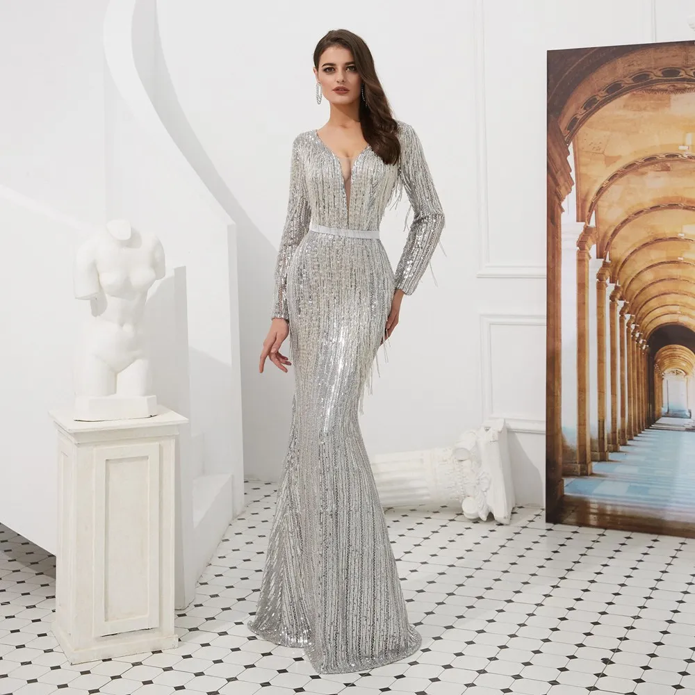 CEEWHY Robe Soiree Дубай вечернее платье с длинными рукавами блестящее блестками для