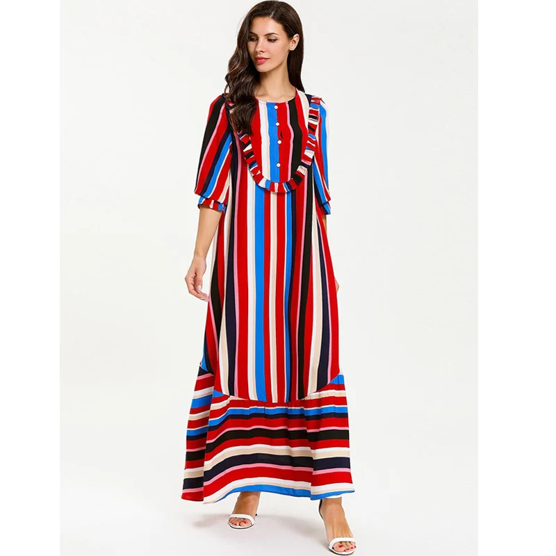 Женское длинное платье макси в разноцветную полоску мусульманское Кафтан Abaya для