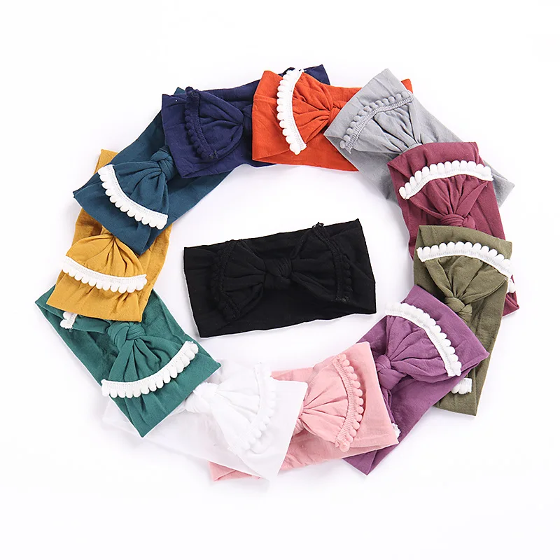 

Baby Big Bow Headband Wide Nylon Bow Headbands With Pompom Trim Kids Girls Knot Bows Headwrap Infant Newbron Nylon Head Band