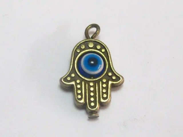 

25 Bronze Tone Hamsa Hand Blue Eye Kabbalah Good Luck Charm Pendants