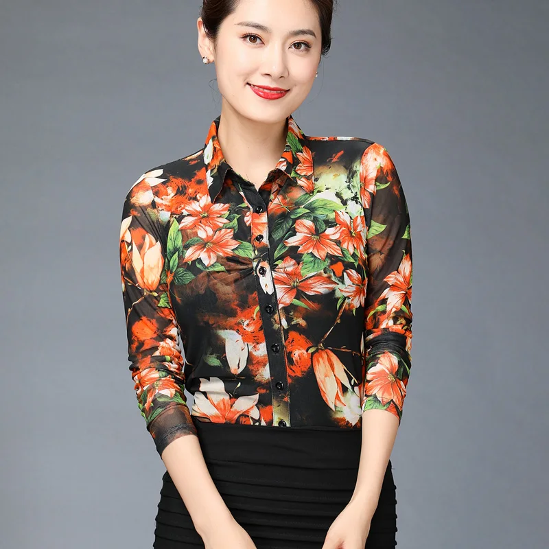 

Spring Autumn Fashion Women Print Floral Mesh Long Sleeve Blouse Top Shirt , 2019 Korean 4xl Flower Tops And Blouses For Woman