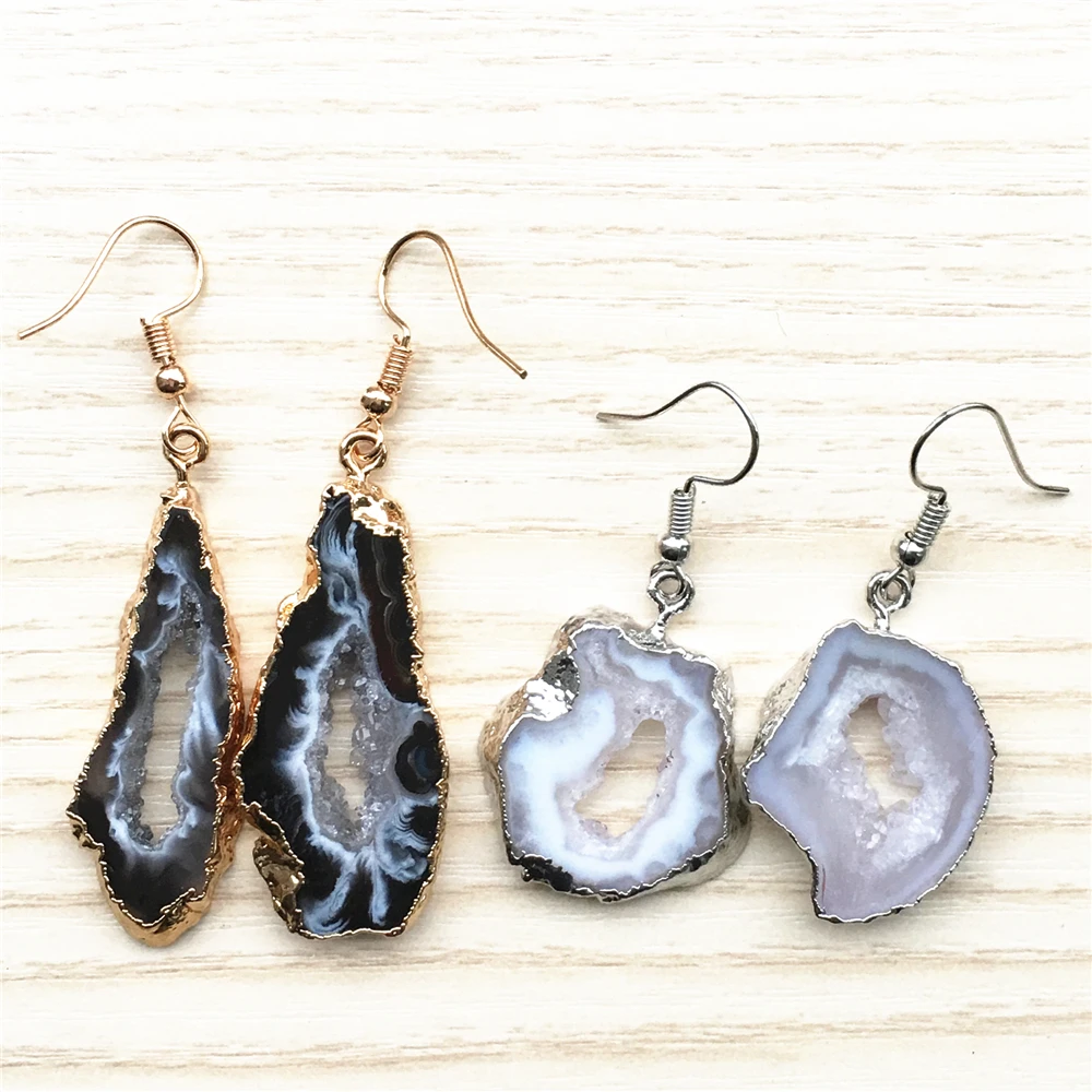 

Imitation Platinums Gold Color Irregular Shape Natural Agates Druzys Slice Crystal Stone Drop Earring For Women Jewelry 1Pair