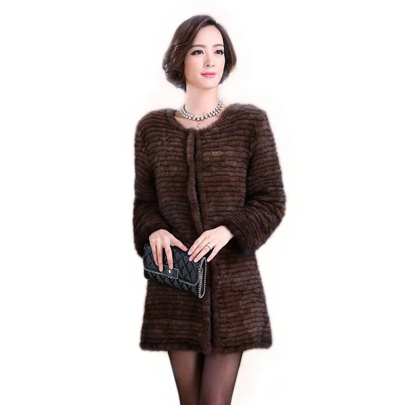 Популярная женская вязаная шуба из меха норки модная Шуба в полоску стиле