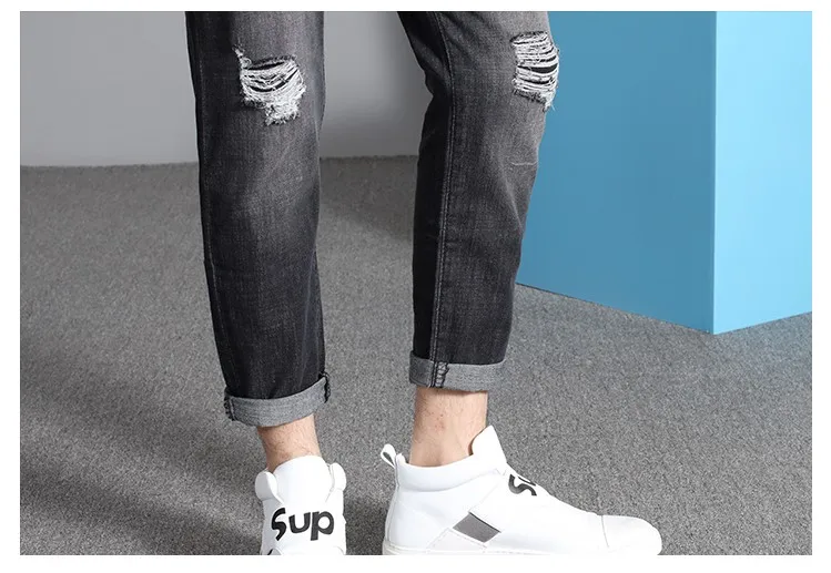 2019 новые черные джинсы Для мужчин Slim Fit рваные колени отверстие летние штаны для
