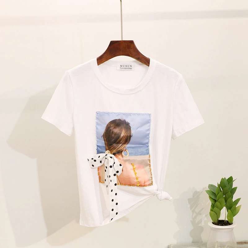 Модная женская футболка 2019 летняя новая Корейская вышитая бисером с круглым