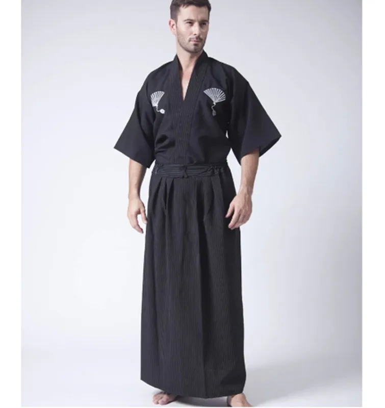 

Black white Classic Japanese Samurai Clothing Men's Warrior Kimono With Obi Traditional Yukata Haori Halloween cosplay Costumes
