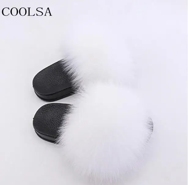 White COOLSA/детские меховые тапочки; домашние теплые пушистые тапочки из лисьего меха для девочек; Плюшевые сандалии из ПВХ на плоской подошве; детские тапочки на заказ - Цвет: White