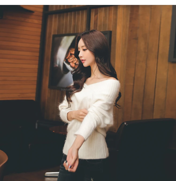 Women winter fashion sweater v-neck off shoulder solid color furry casual pullover ladies batwing sleeve knitwear free shipping | Женская