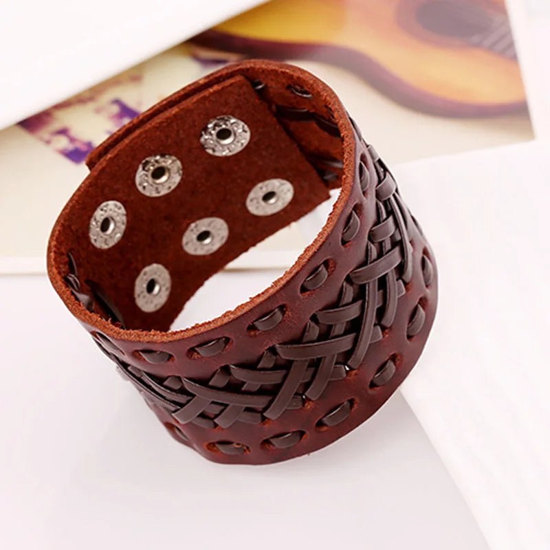 Широкий кожаный браслет для мужчин и женщин в стиле панк ручная работа с плетеным