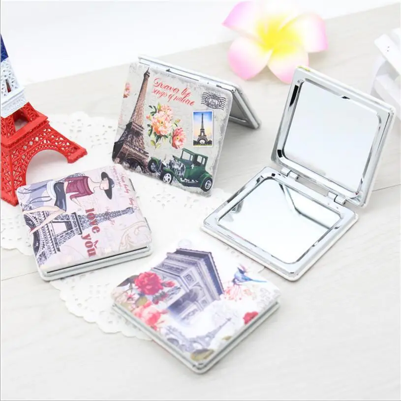 

Squre PU cover metal makeup mirror Eiffel Tower Portable pocket mirror Architectural landscape foldable Cosmetic mirrors