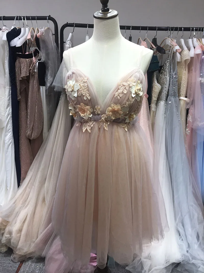 SSYFashion/Новые коктейльные платья, милые розовые кружевные платья до колен с v-образным вырезом и цветами с блестками, вечерние платья с бисером, Robe De Soiree - Цвет: as the picture
