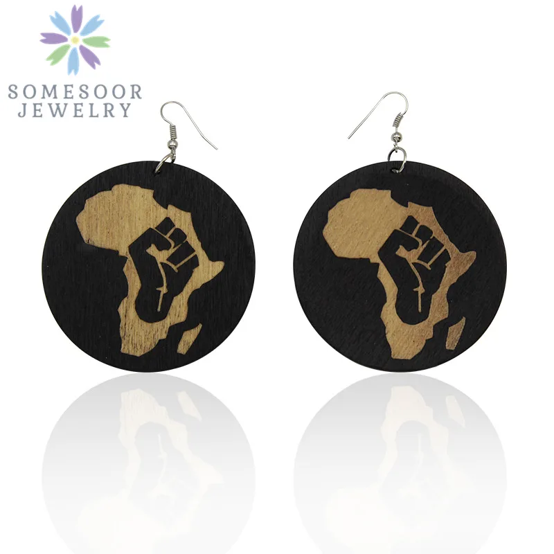 Большие резные деревянные серьги подвески SOMESOOR африканская родина карта кулака