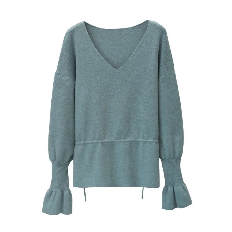 

New Knitted Pullover V Neck Womens Fashion Sweaters Flare Sleeve Solid Elastic Waist Women Clothes Winter Elegant SweaterDS50831