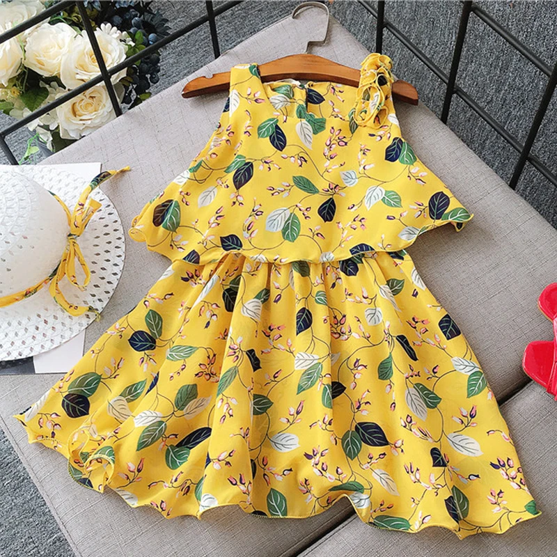 Girls Dresses 2018 Summer New Children's Clothing Fashion Sweet Double-Layer Printed Chiffon Vest Dress + Hat | Детская одежда и