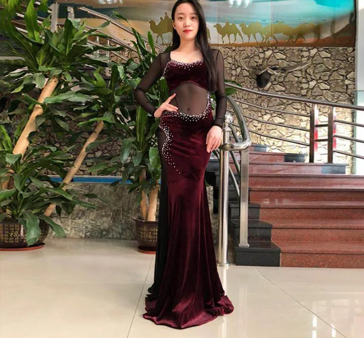 Dark Red Костюм для восточных танцев, женское длинное платье, сексуальный прозрачный танцевальный наряд, бархатный, фиолетовый, черный, ярко-розовый, для занятий спортом - Цвет: Dark Red
