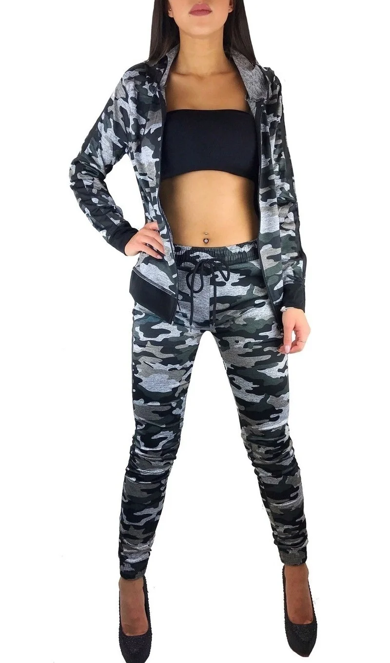 grey-camo ZOGAA Женский комплект из 2 предметов, камуфляжный тренировочный костюм, брюки для фитнеса, куртка, женская одежда, толстовка с капюшоном, топ и штаны, спортивный костюм, женские комплекты - Цвет: grey-camo