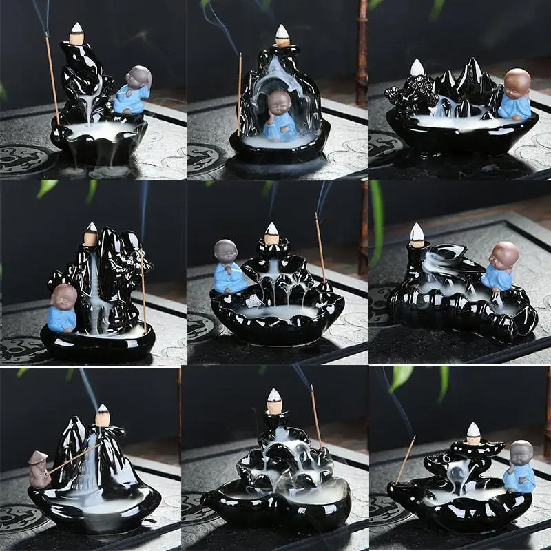 

Black Buddha Incense Burner Backflow Censer Waterfall Incense Cone Stick Holder Home Office Decor Zen Monk Aromatherapy Furnace