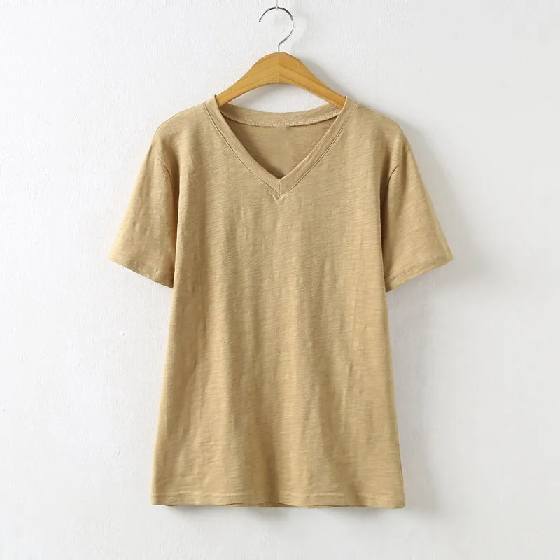 Khaki Mferlier Женская летняя футболка ярких цветов с v-образным вырезом и коротким рукавом, свободная повседневная женская синяя Розовая белая футболка - Цвет: Khaki