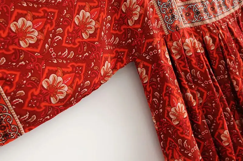 Vintage chic Women red floral print o-neck loose happie Bohemian mini dress ladies batwing sleeve Boho dresses vestidos