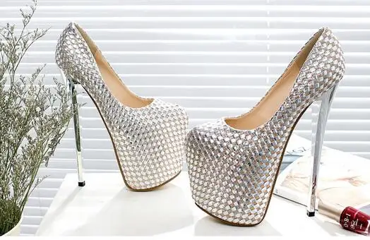 LLXF zapatos/Большие размеры: 34-41, 42, 43, женские Серебристые туфли на шпильке с круглым носком женские туфли-лодочки на высоком каблуке 20 см sapato feminino