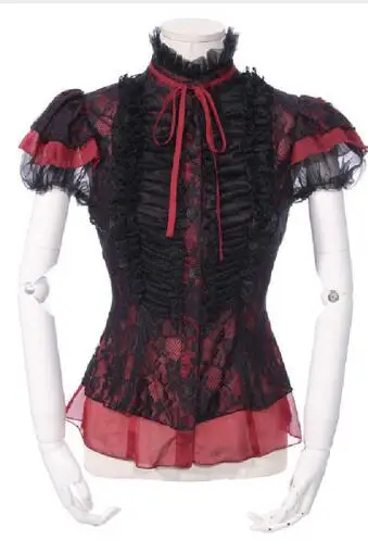 Black and Red Женская черная и Красная Шифоновая кружевная блузка с воротником-стойкой и короткими рукавами в готическом Стиле Лолита 21162BR - Цвет: Black and Red