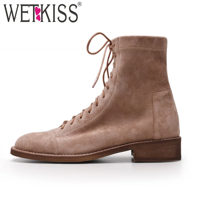 WETKISS/осенние женские ботильоны на низком каблуке обувь с круглым носком на шнуровке; эластичные Замшевые женские ботинки на меху Женская обувь в байкерском стиле;