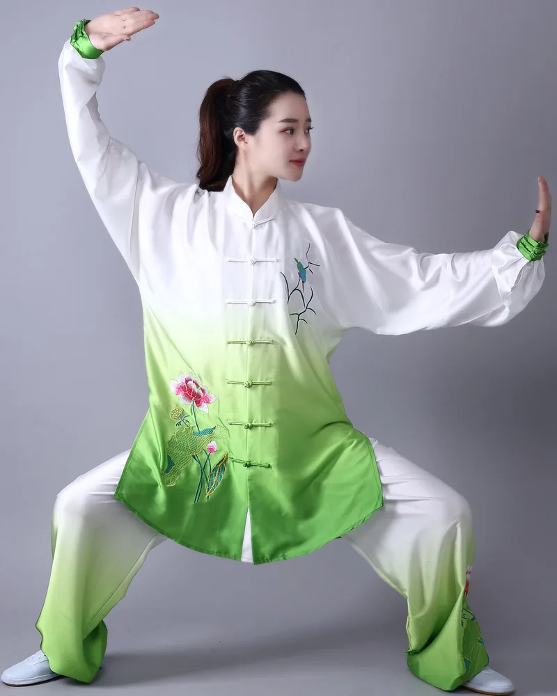 2pc tops and pants 3 шт. женский Традиционный китайский вышитый цветок с длинным рукавом ушу тайчи форма для кунгфу костюм униформа Тай Чи одежда для упражнений - Цвет: 2pc tops and pants