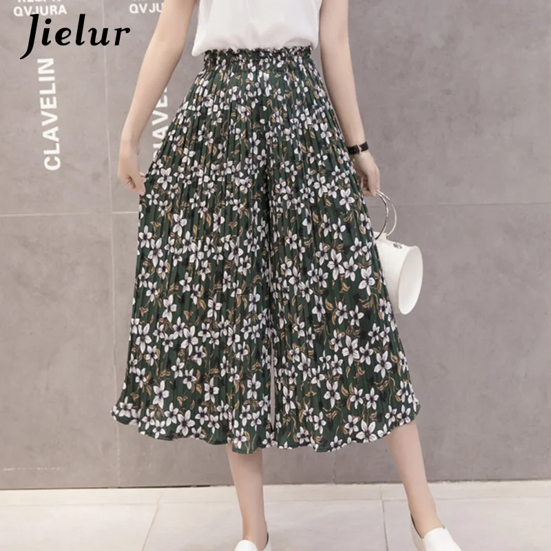 Green Floral Jielur модные плиссированные шифоновые брюки женские летнее в горошек Цветочные полосатые широкие брюки женские свободные Женские панталоны - Цвет: Green Floral
