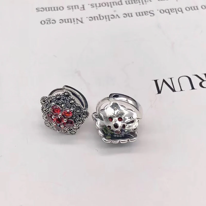BALMORA100% Настоящее 925 пробы серебро красный гранат клип серьги для женщин Модные Винтажные оригинальные тайские серебряные ювелирные изделия Aretes