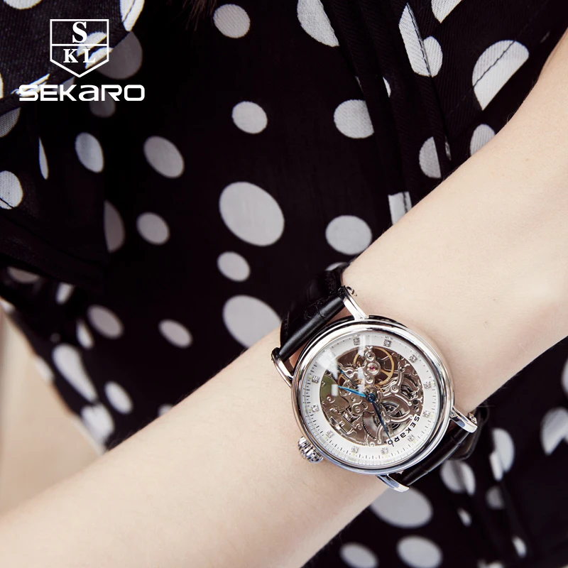 SEKARO Brand Women Mechanical Watches Diamond Ladies Design Women's Wristwatches Leather Fashion Skeleton Dial Gift Montre Femme |
