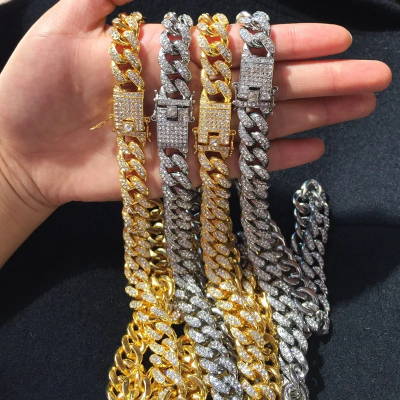 

Hip hop Bling Cuban Full Paved Rhinestone Iced Out Mens Zircon Necklace Chain Necklaces For Women Men Jewelry Dropshipping