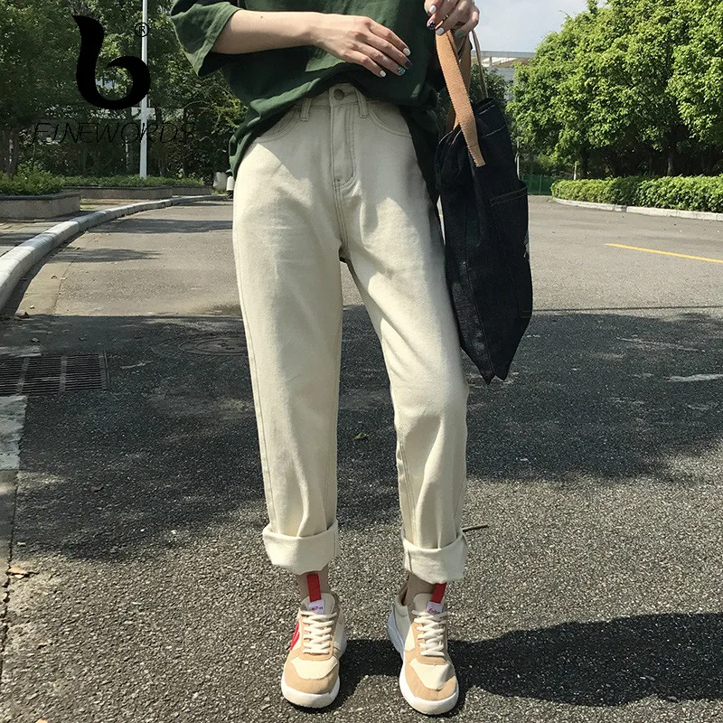 FINEWORDS, Ulzzang, осенние женские Джинсы бойфренда, плюс размер, корейские шикарные штаны-шаровары, джинсы с высокой талией, женские ретро джинсы modis mujer