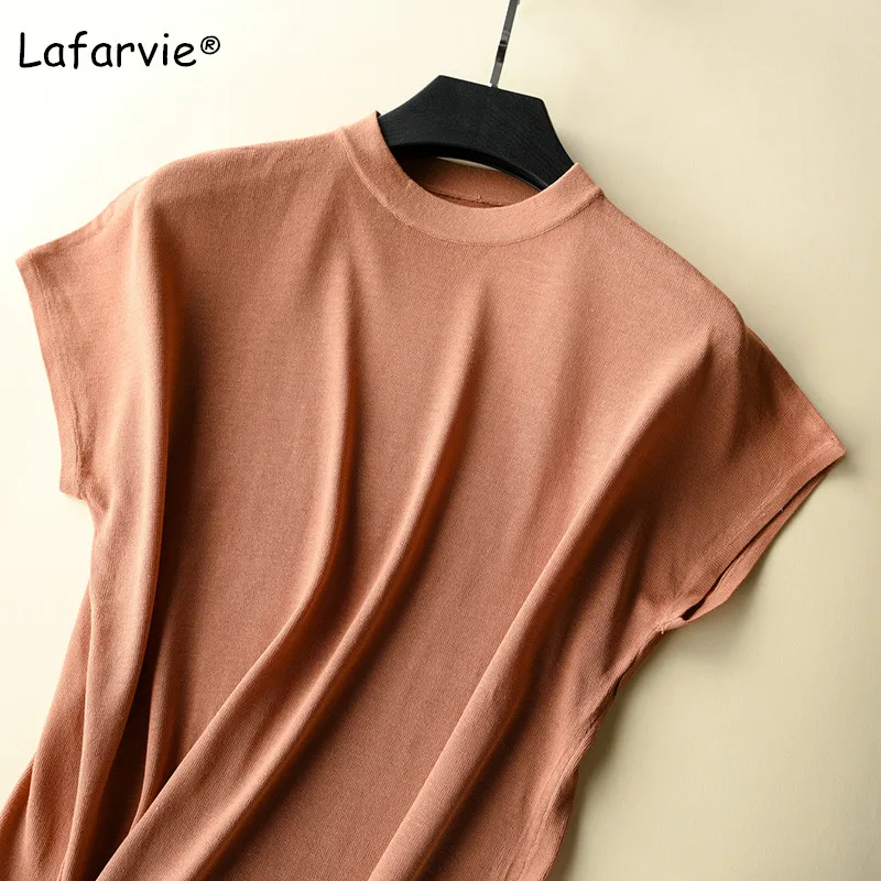 Lafarvie трикотажная льняная кофта Для женщин летнее платье с О-образным вырезом короткий рукав тонкие однотонные мягкие удобные Вязание рубашка Джемпер бежевый M-XL