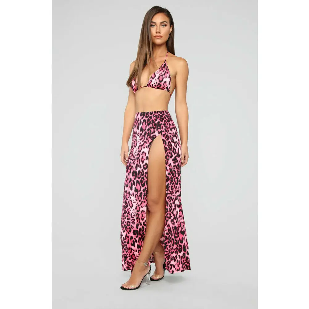 

Women Sets Leopard Bikini Set Bandage Cover Up Push-up Long Skirt+Bra 3PCS