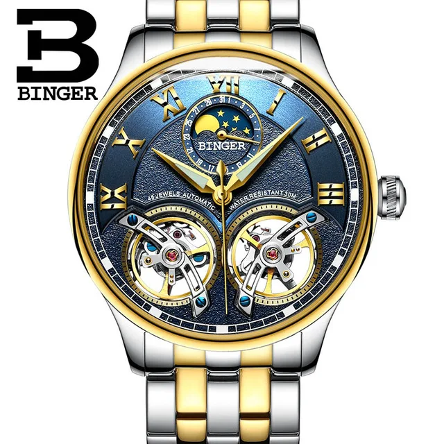 Steel Blue Gold Швейцарские часы Бингер, оригинальные мужские автоматические часы, модные двойные турбийоны, мужские механические наручные часы с кожаным ремешком - Цвет: Steel Blue Gold