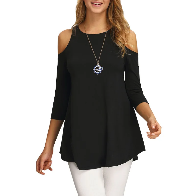 Три четверти с открытыми плечами Свободная Повседневная Блузка Твердые модные